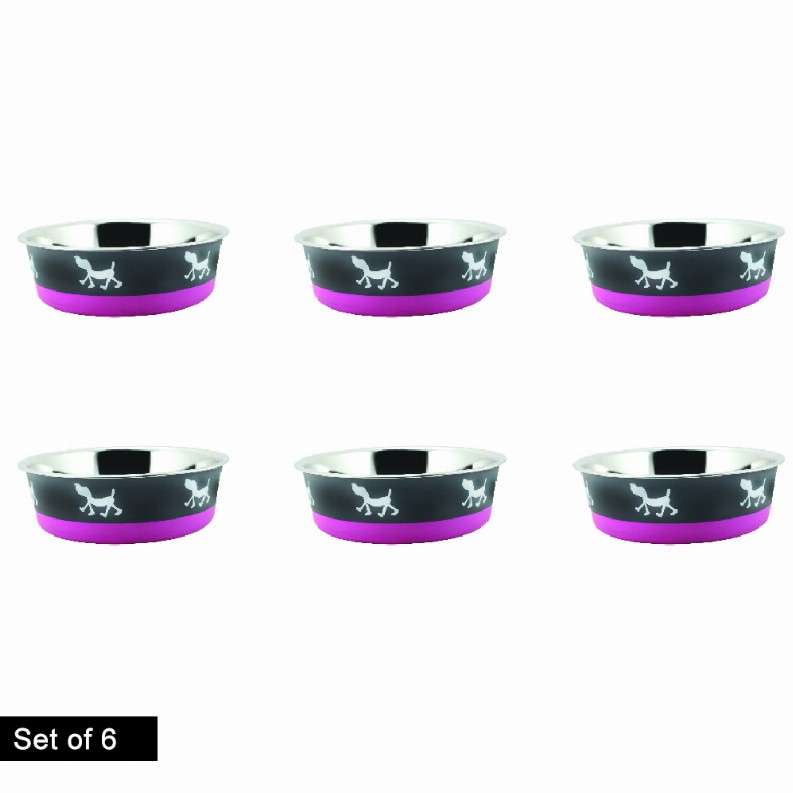 Stainless Steel Pet Bowl with Anti Skid Rubber Base and Dog Design, Set of 6