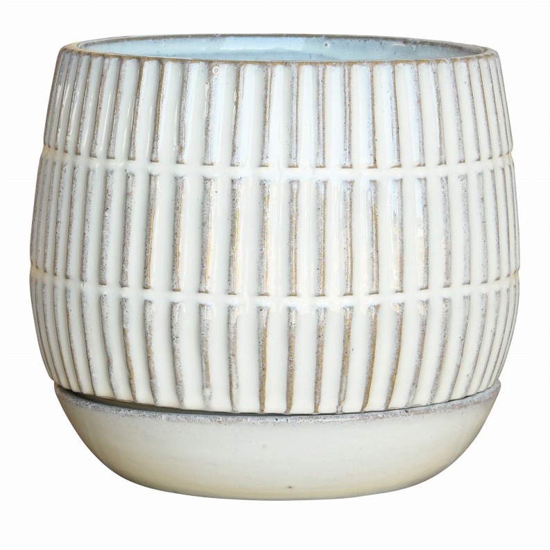 Textured Line Pattern Ceramic Cachepot with Saucer, White