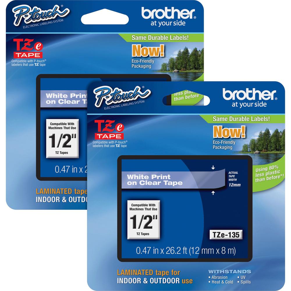 Brother P-touch TZe Laminated Tape Cartridges - 1/2" - White, Clear - 2 / Bundle - Grease Resistant, Grime Resistant, Temperatur