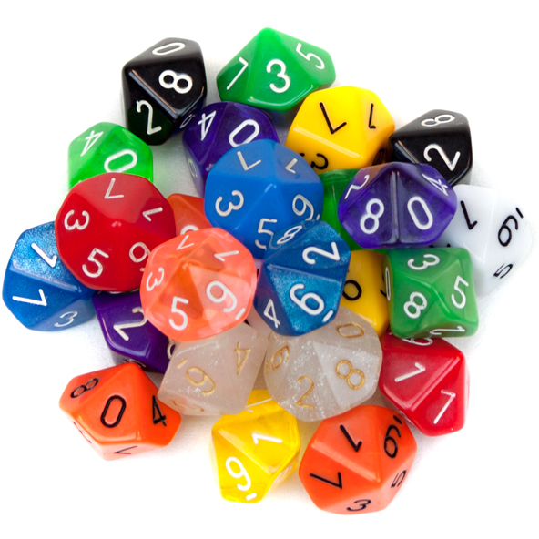 25 Pack of Random D10 Polyhedral Dice in Multiple Colors