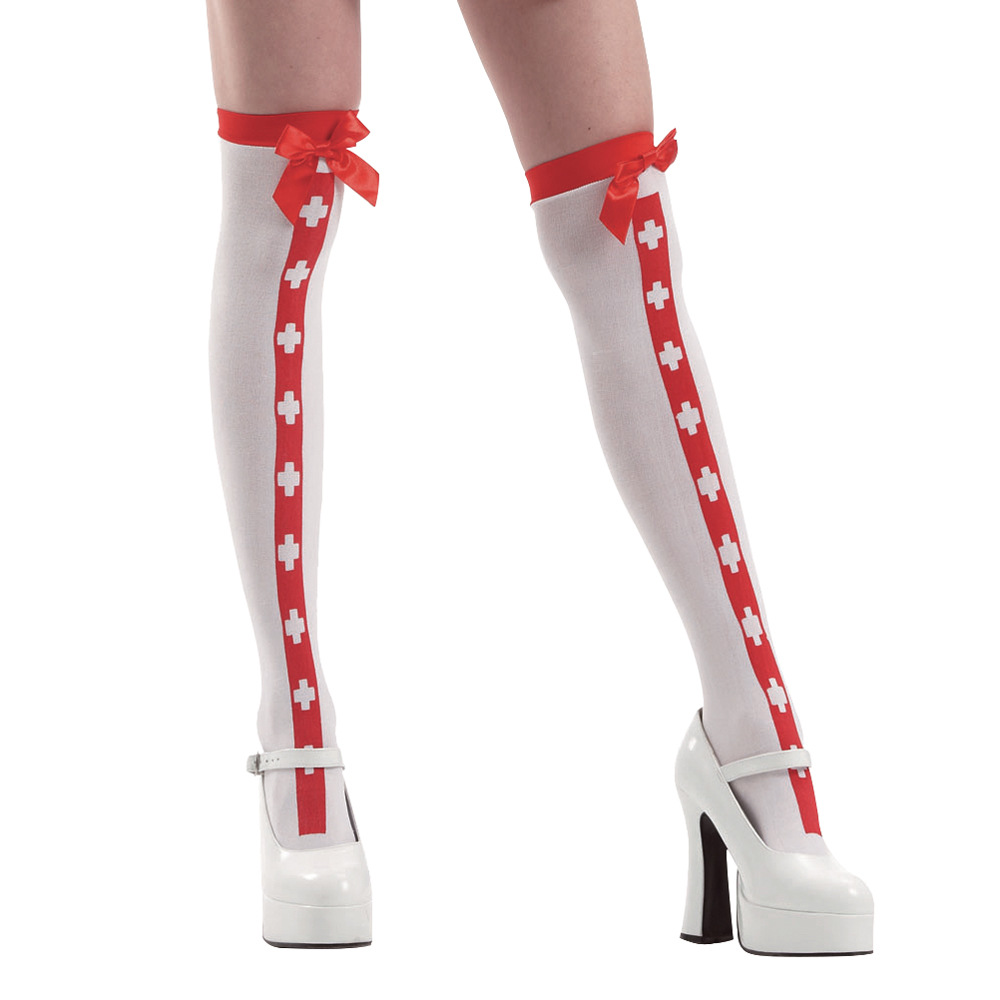 White Red Stripe Nurse Thigh High Costume Tights