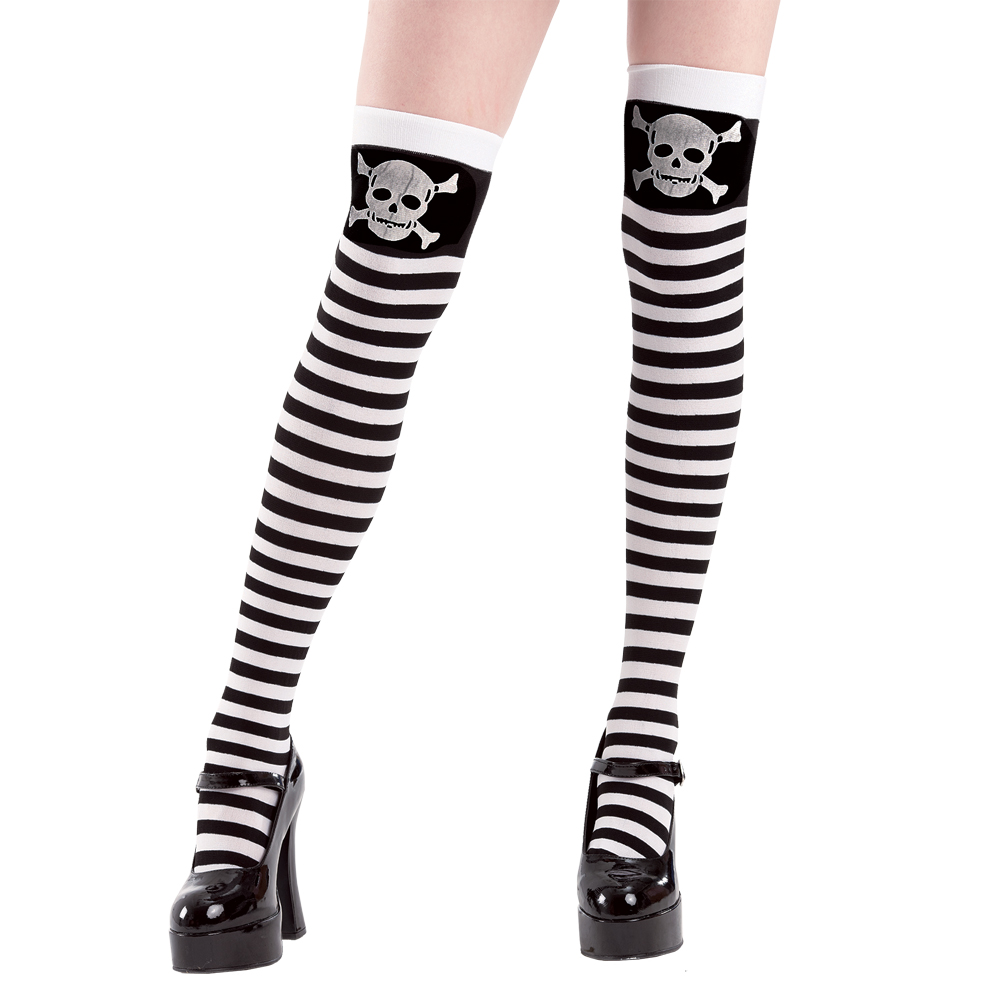 Stripe Skull and Crossbones Thigh High Costume Tights