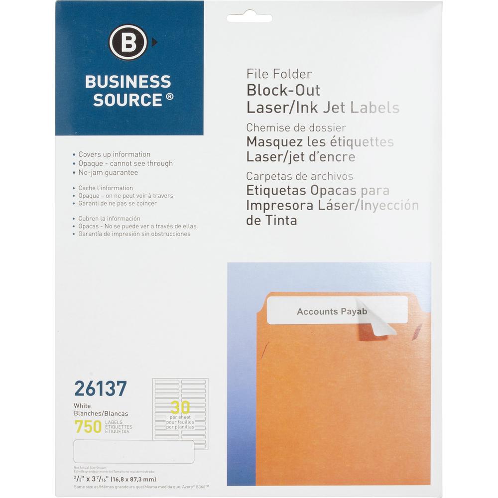 Business Source Block-out File Folder Labels - 3 7/16" Length - Permanent Adhesive - Laser, Inkjet - White - 30 / Sheet - 750 / 