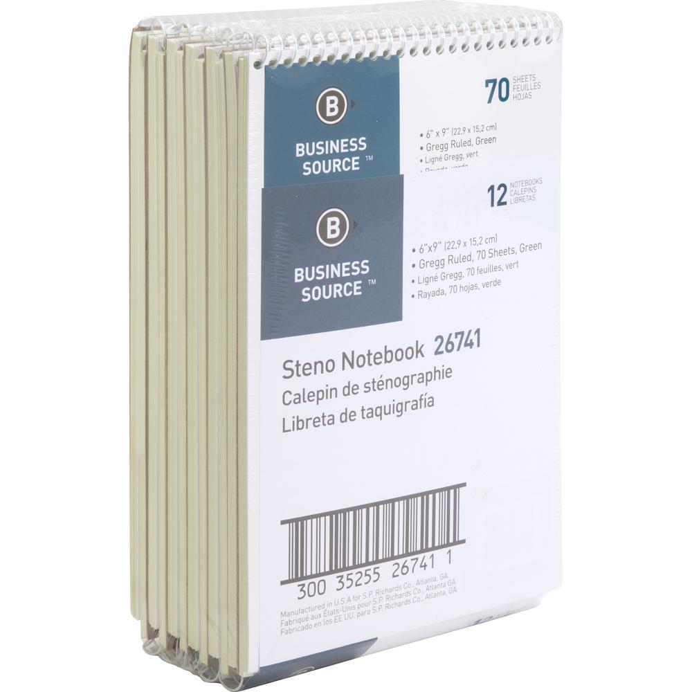 Business Source Steno Notebook - 70 Sheets - Wire Bound - Gregg Ruled Margin - 15 lb Basis Weight - 6" x 9" - Green Paper - Stif