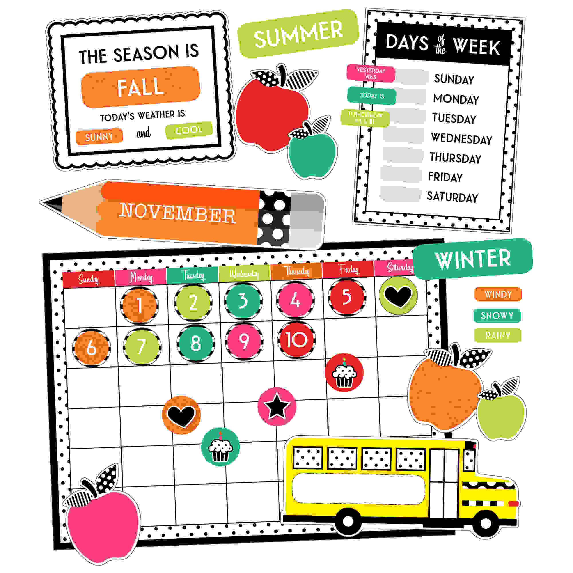 Black, White & Stylish Brights Calendar Bulletin Board Set