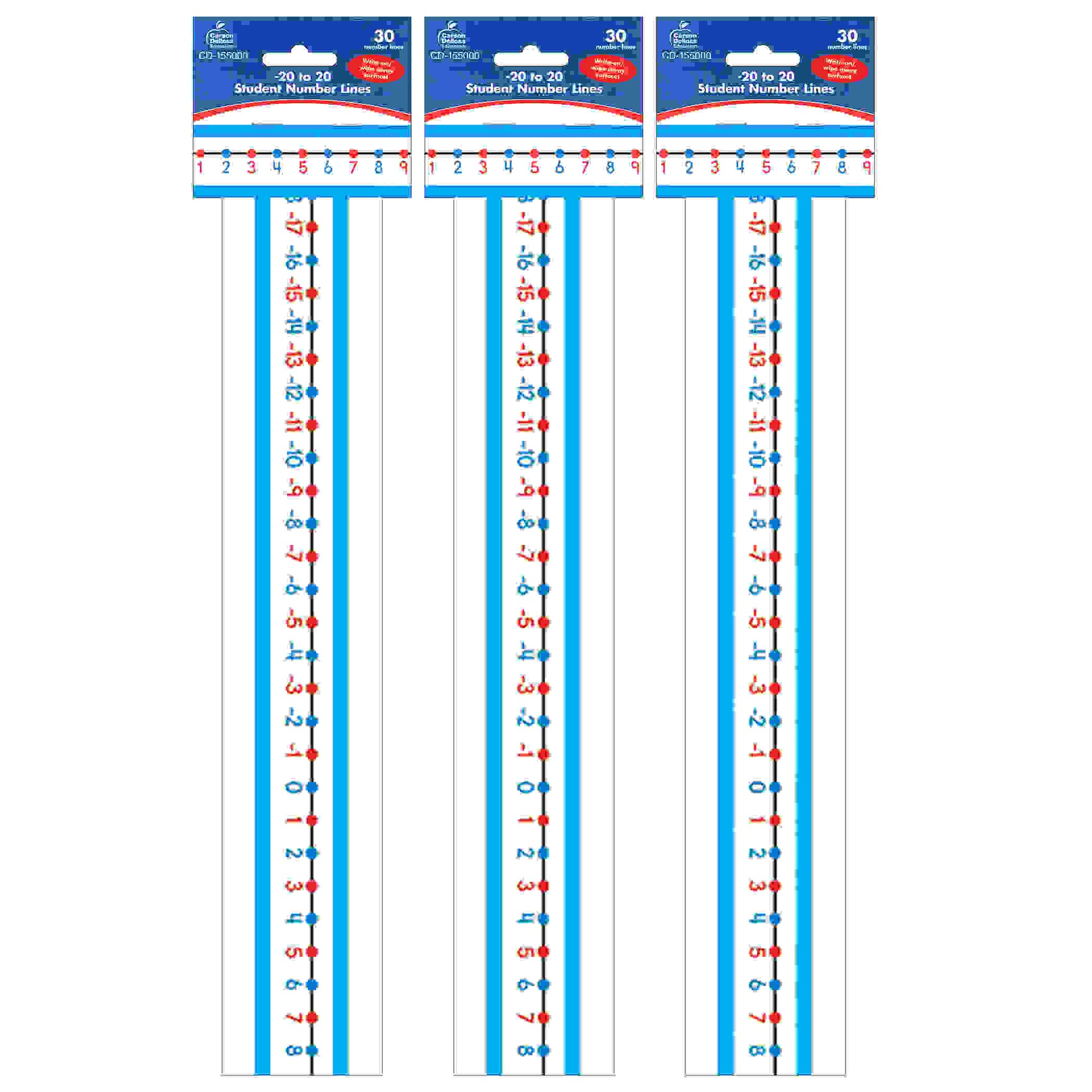 -20 to 20 Student Number Lines Manipulative, Grade K-3, 30 Per Pack, 3 Packs