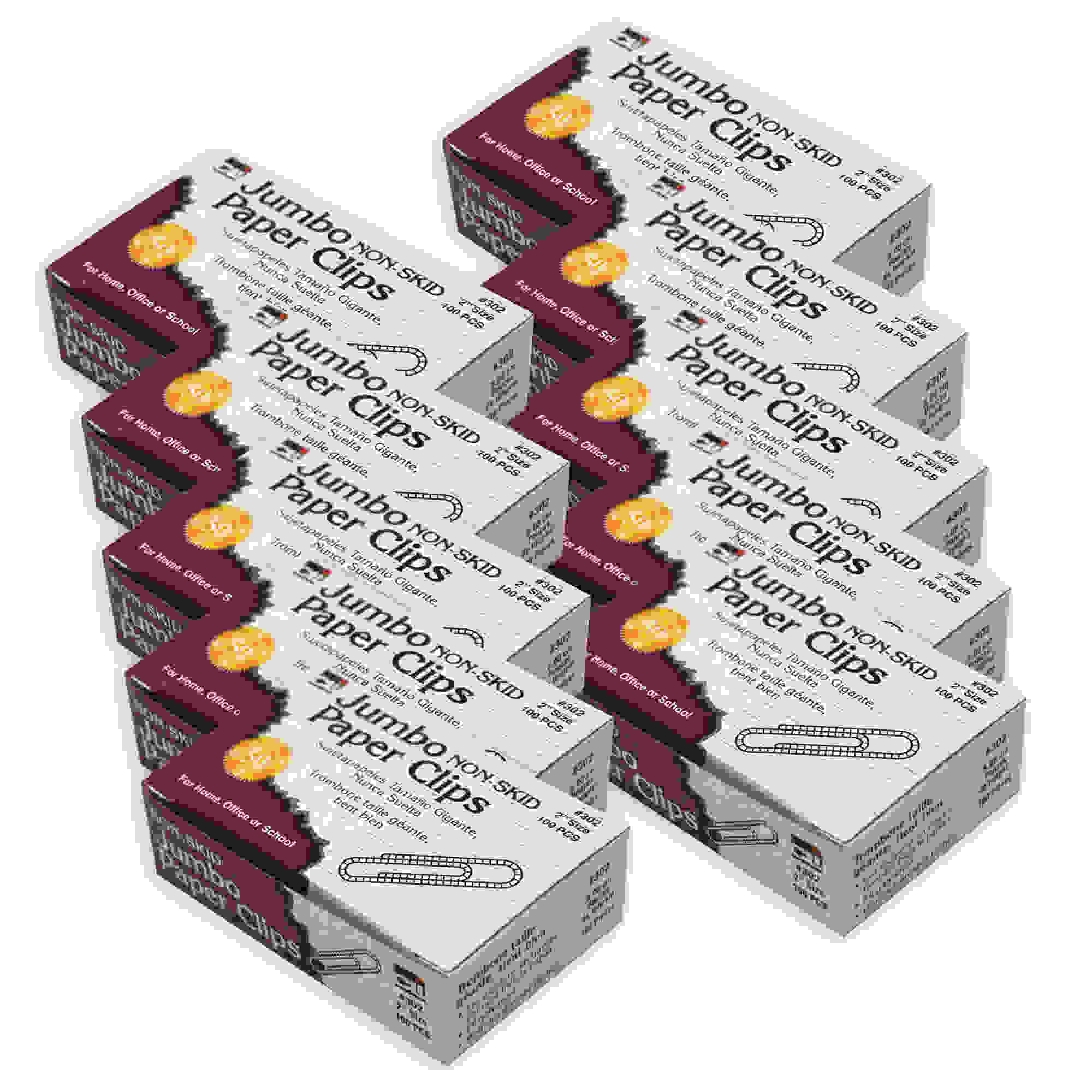 Paper Clips, Non-Skid, Jumbo, Silver, 100 Per Box, 10 Boxes