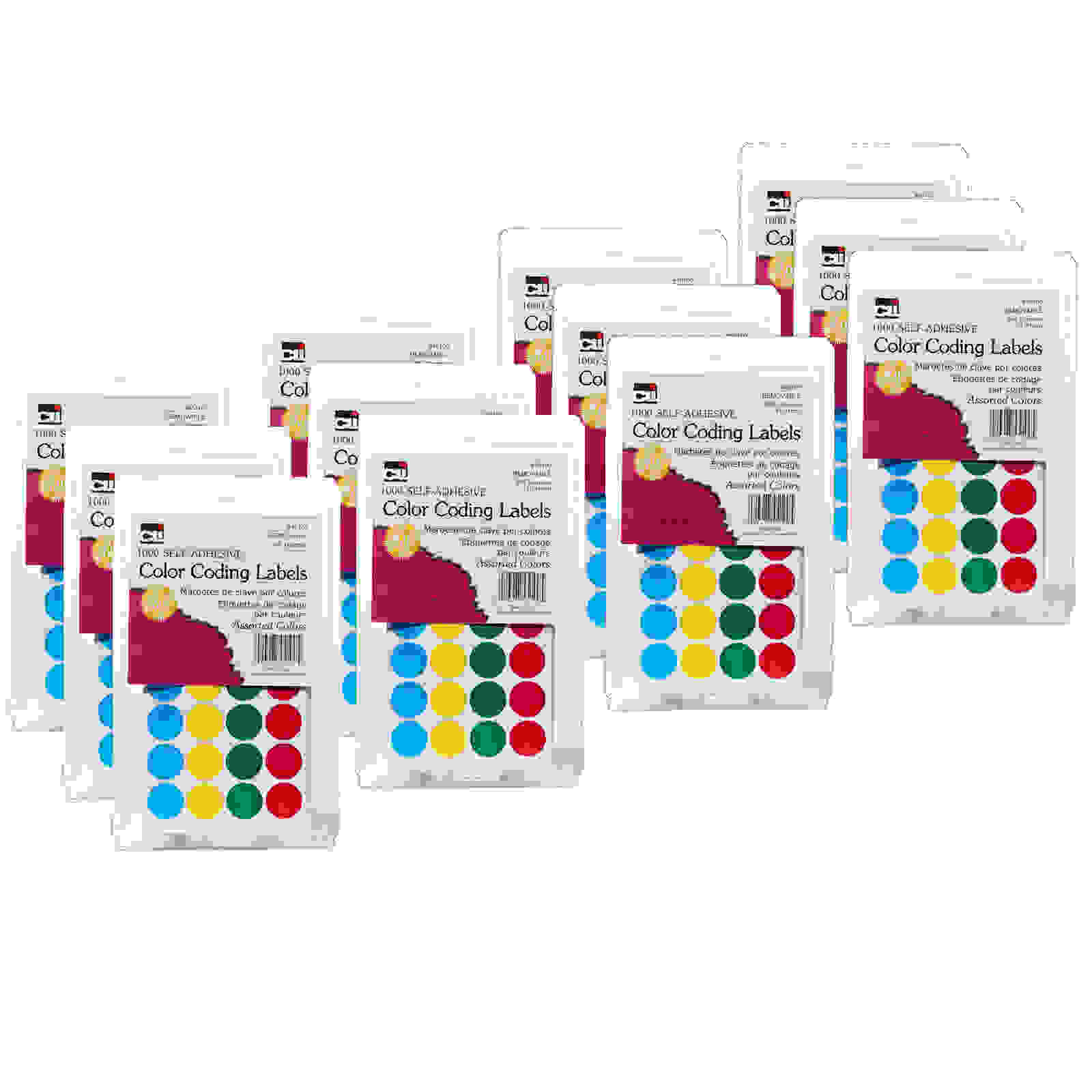 Self-Adhesive Color-Coding Labels, Assorted Colors, 1000 Per Pack, 12 Packs