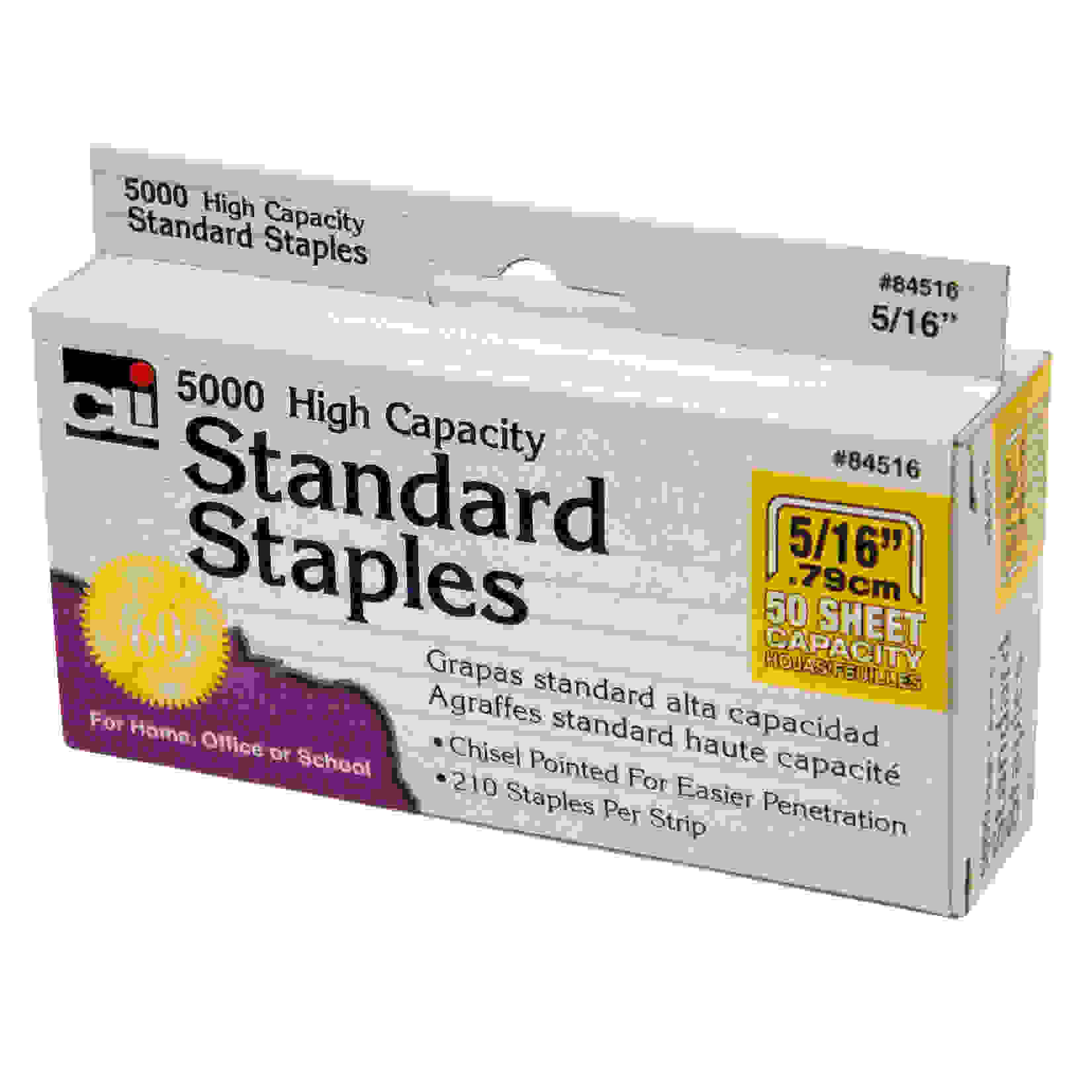 High Capacity Standard Staples, 5/16 Inch Leg Length, Silver, 5000/Box