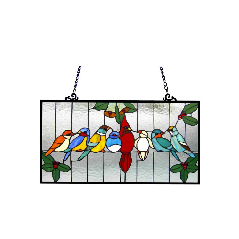 AVES Tiffany-glass Gathering Birds Window Panel 24.5x12.5