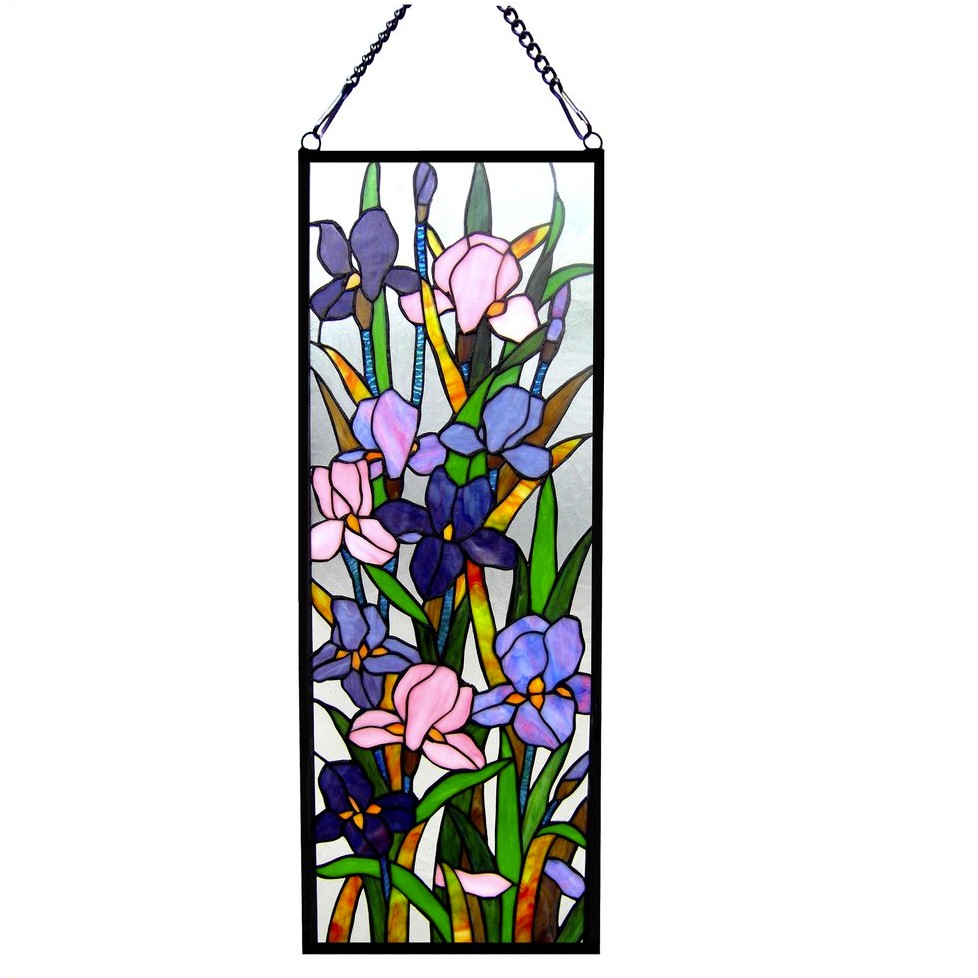 SORORIA Tiffany-glass Iris Design Window Panel 11.5x31.5