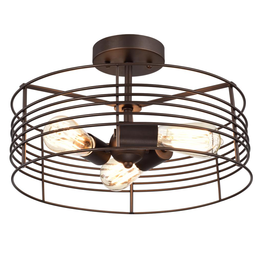 CHLOE Lighting IRONCLAD Industrial 3 Light Oil Rubbed Bronze Semi-Flush Ceiling Fixture 15" Wide