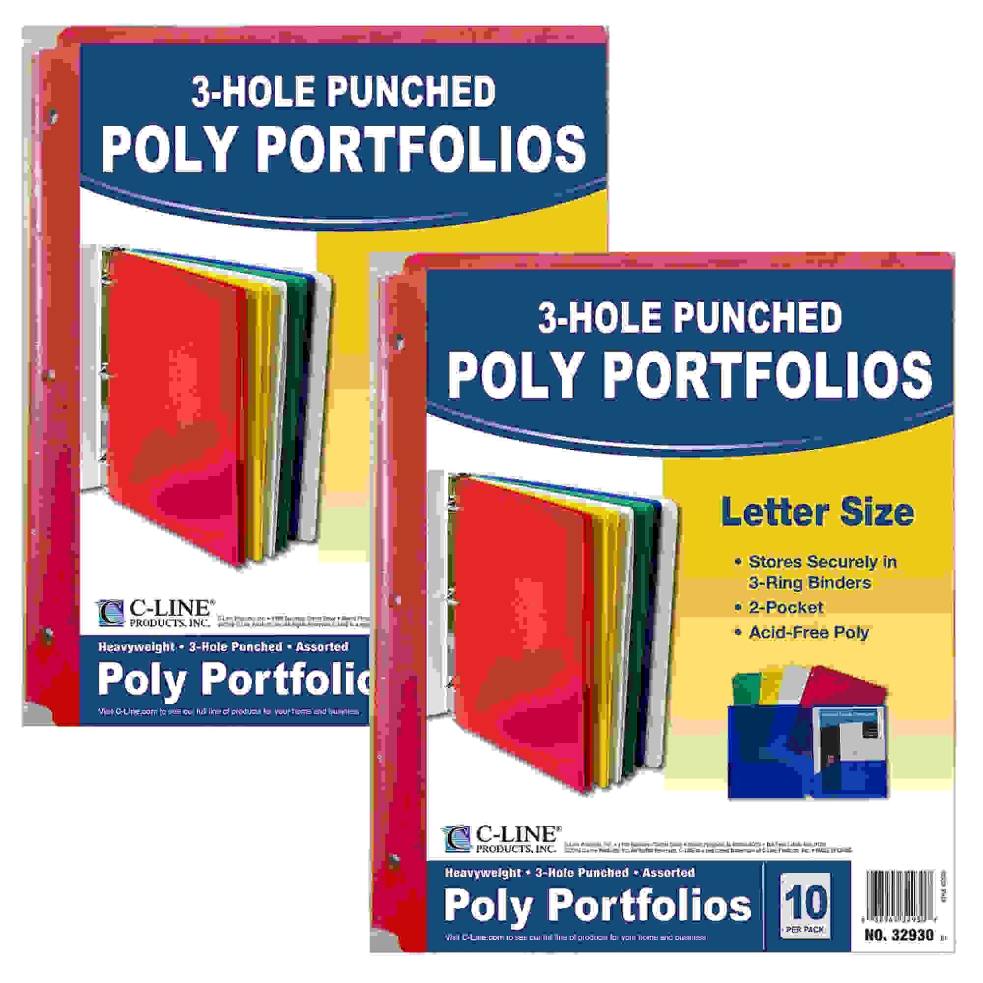 Two-Pocket Heavyweight Poly Portfolio Folder with Three-Hole Punch, Assorted Primary Colors, 10 Per Pack, 2 Packs