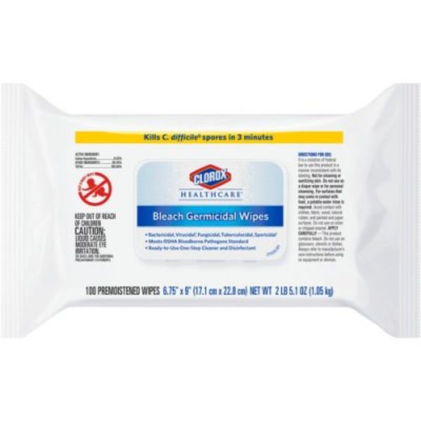 Bleach Germicidal Wipes, 6.75 x 9, Unscented, 100 Wipes/Flat Pack, 6 Packs/Case