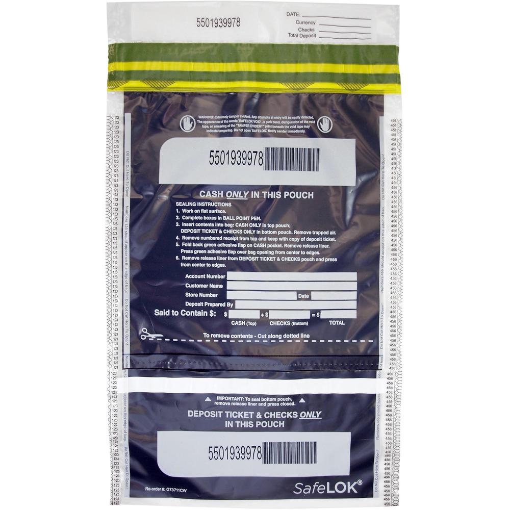 ControlTek SafeLOK VT Tamper-Evident Deposit Bags - 10" Width x 15" Length - Clear - 100/Pack - Bill, Deposit, Cash, Deposit Sli