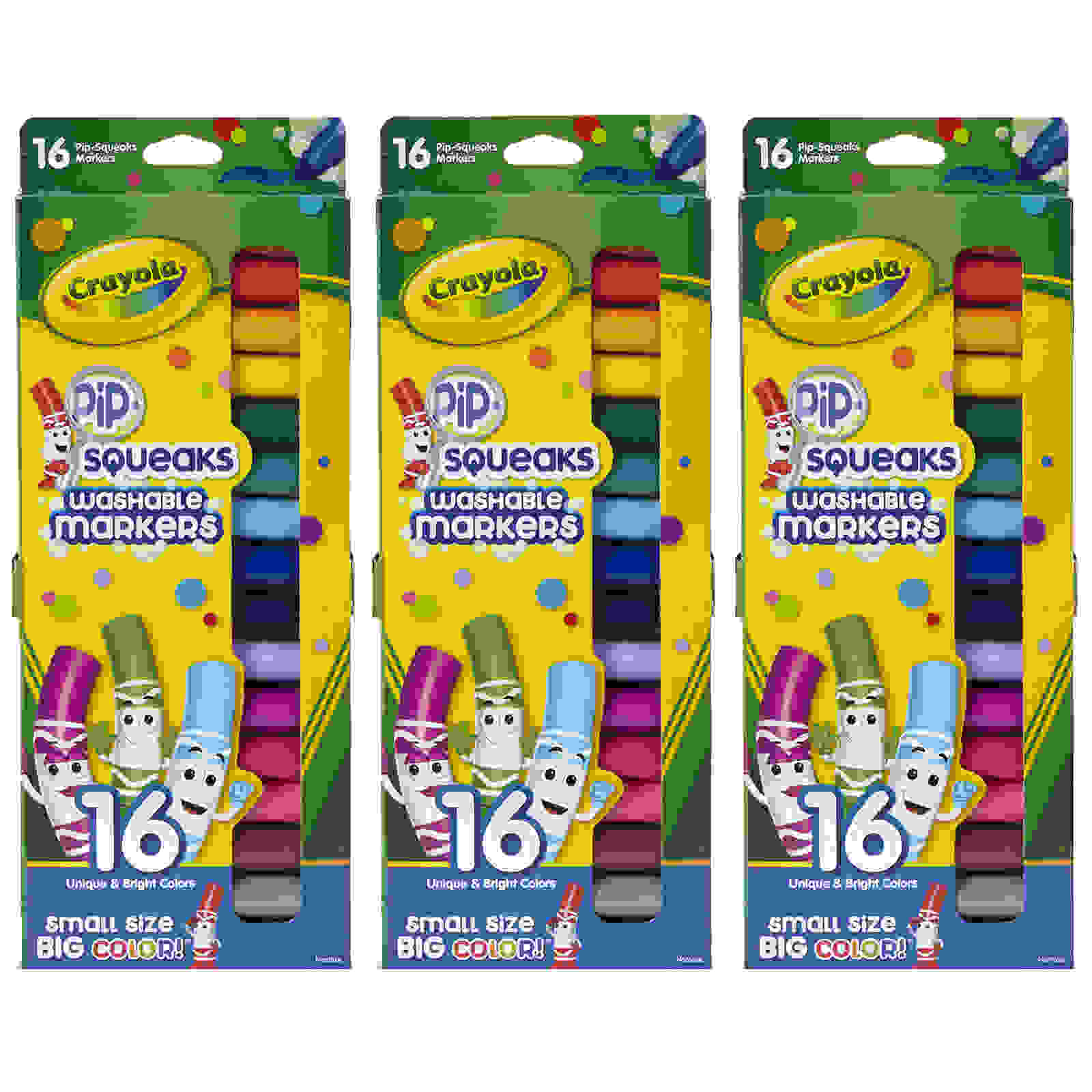 Pip Squeaks Washable Markers, Conical Tip, 16 Per Box, 3 Boxes