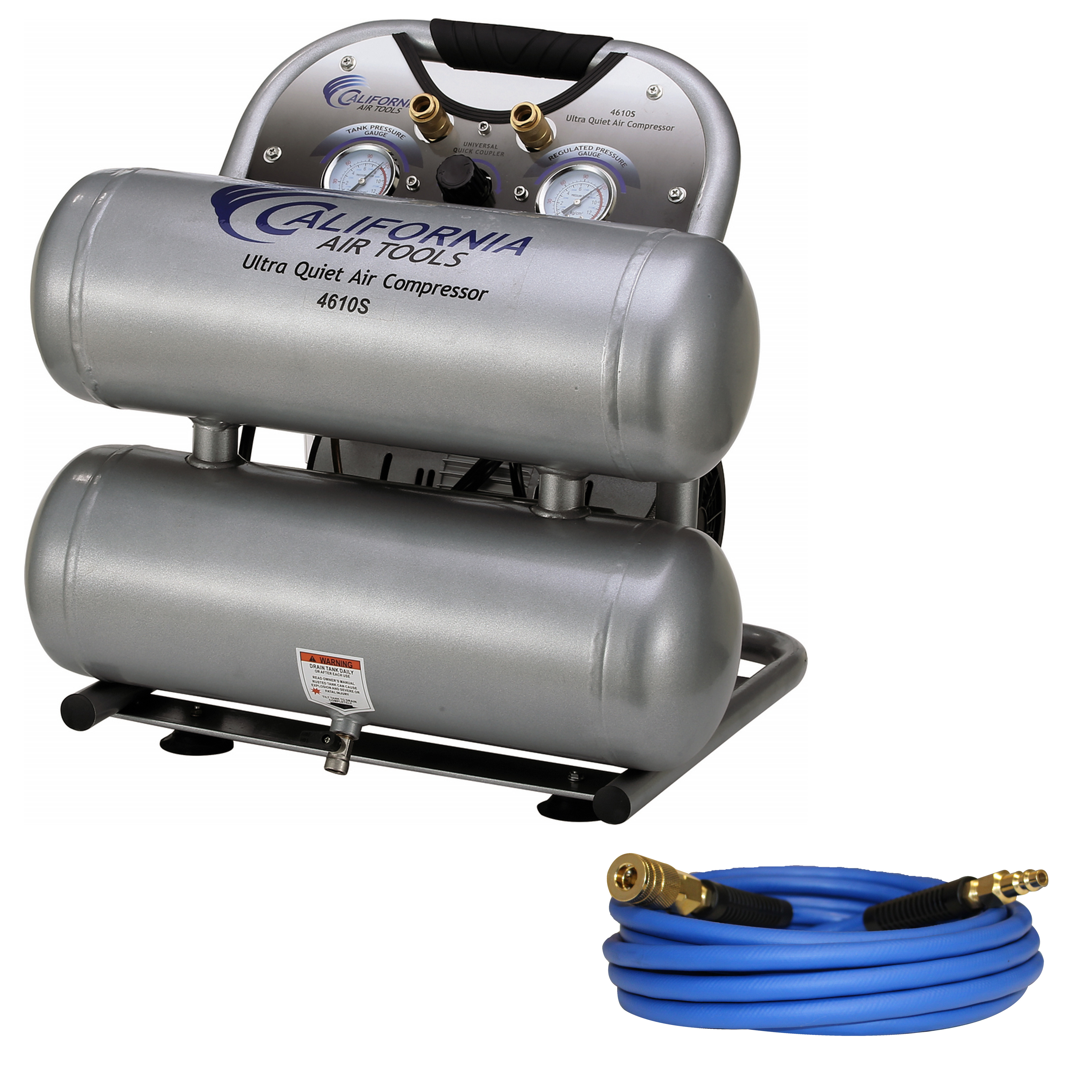 CALIFORNIA AIR TOOLS 4610SH ULTRA QUIET & OIL-FREE 1.0 HP 4.6 GAL STEEL TWIN TANK AIR COMPRESSOR HOSE KIT