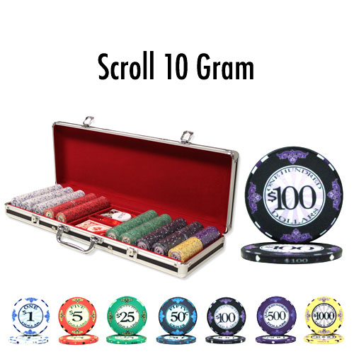 500 Count - Pre-Packaged - Poker Chip Set - Scroll 10 G - Black Aluminum