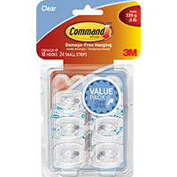 Command Mini Clear Hooks with Clear Strips - 7.94 oz (225 g) Capacity - 1.1" Length - Plastic - Clear - 18 / Pack