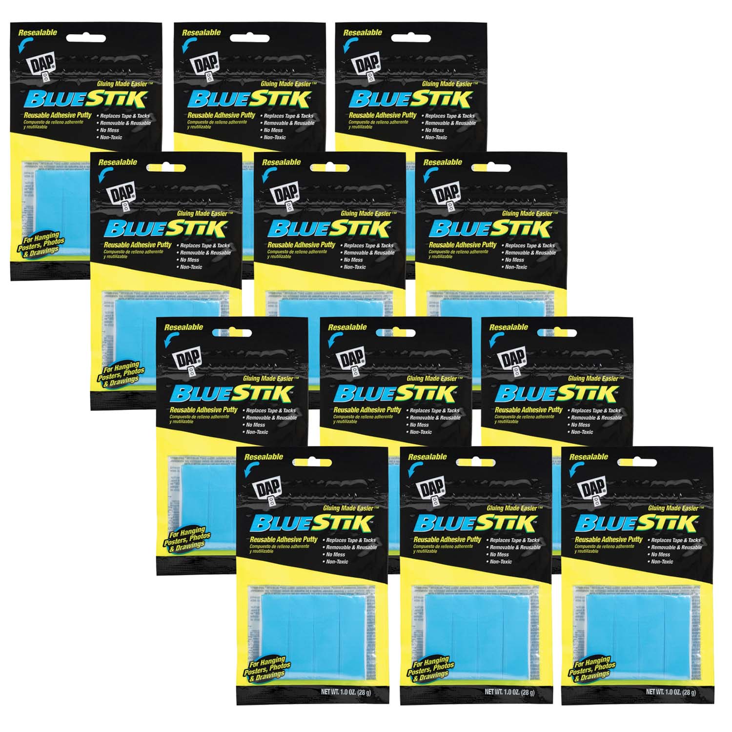 BlueStik Reusable Adhesive Putty, 1 oz. Per Pack, 12 Packs