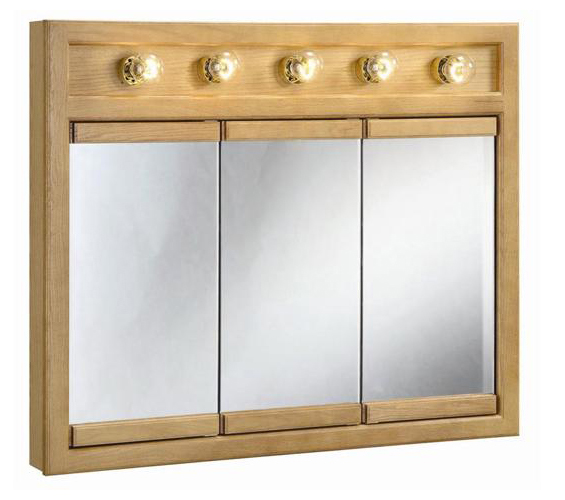 36" x 30" Richland Nutmeg Oak Lighted Tri-View Wall Cabinet Mirror with 3-Doors