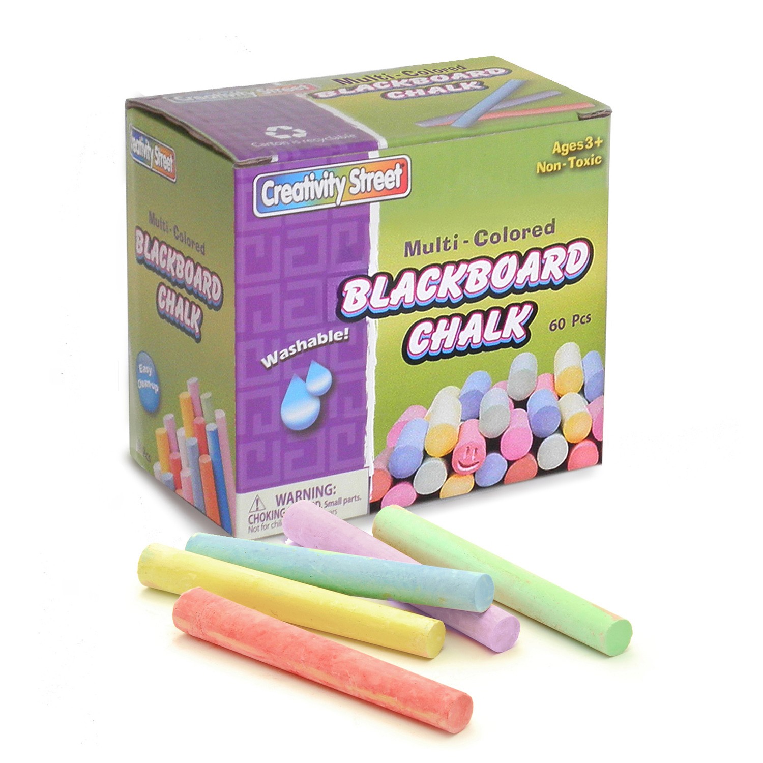 Blackboard Chalk, 5 Assorted Colors, 3/8" x 3-1/4", 60 Pieces