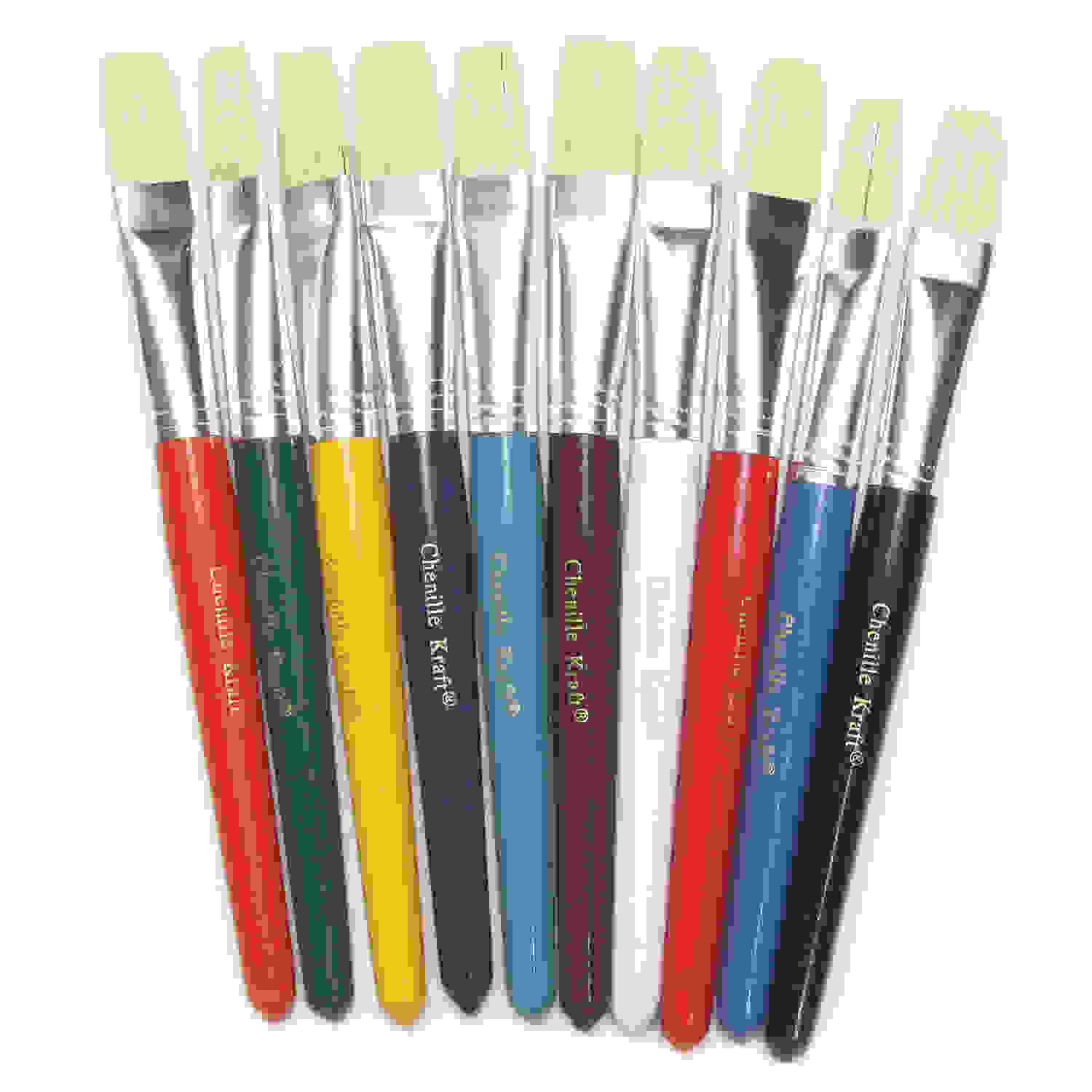 Beginner Paint Brushes, Flat Stubby Brushes, 10 Assorted Colors, 7.5" Long, 10 Brushes