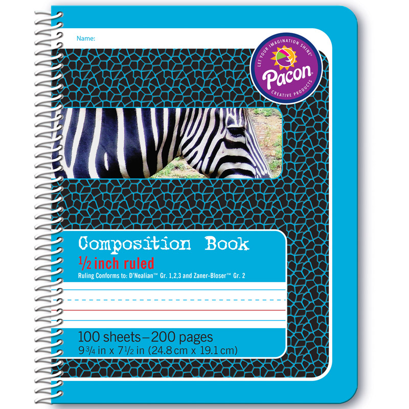 Primary Composition Book, Spiral Bound, D'Nealian/Zaner-Bloser, 1/2" x 1/4" x 1/4" Ruled, 9-3/4" x 7-1/2", 100 Sheets