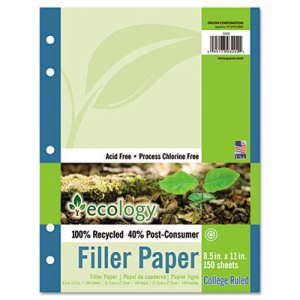 Recycled Filler Paper, White, 3-Hole Punched, 9/32" Ruled w/ Margin 8-1/2" x 11", 150 Sheets