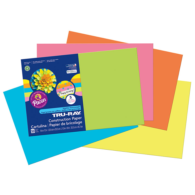 Construction Paper, 5 Assorted Hot Colors, 12" x 18", 50 Sheets