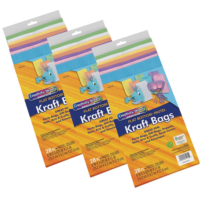 Kraft Bag, Assorted Pastel Colors, 6" x 3-5/8" x 11", 28 Per Pack, 3 Packs