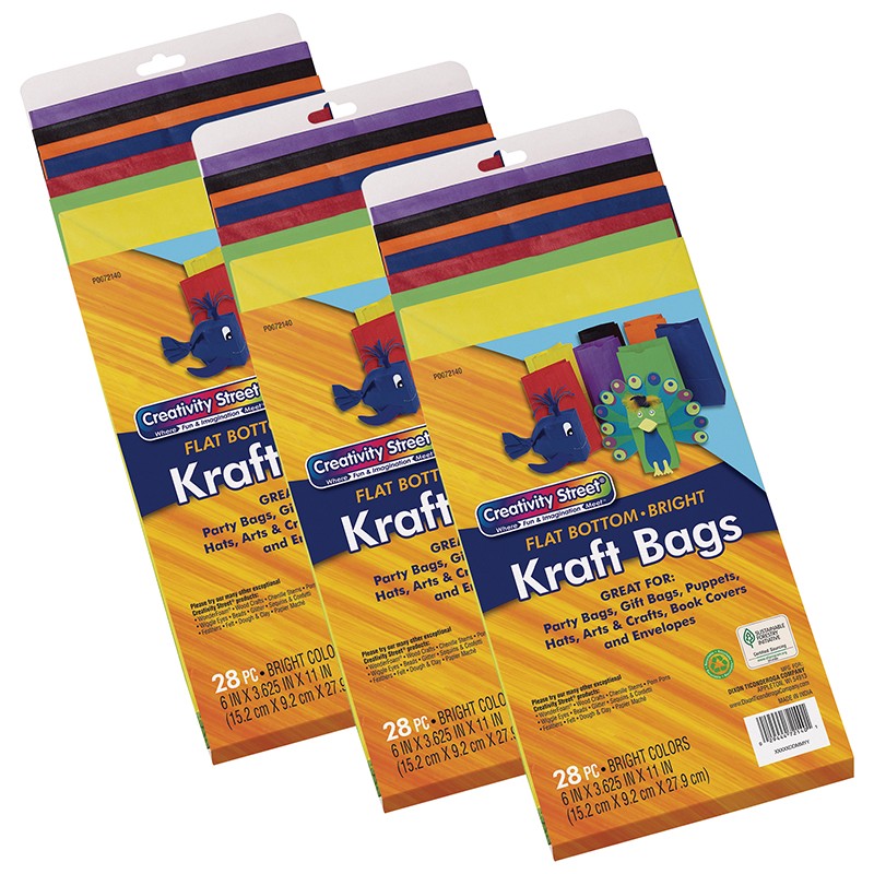 Kraft Bag, Assorted Bright Colors, 6" x 3-5/8" x 11", 28 Per Pack, 3 Packs