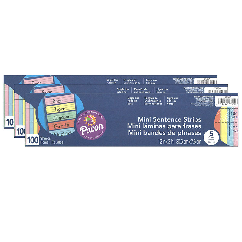 Mini Sentence Strips, 5 Assorted Colors, 1-1/2" x 3/4" Ruled, 3" x 12", 100 Per Pack, 3 Packs