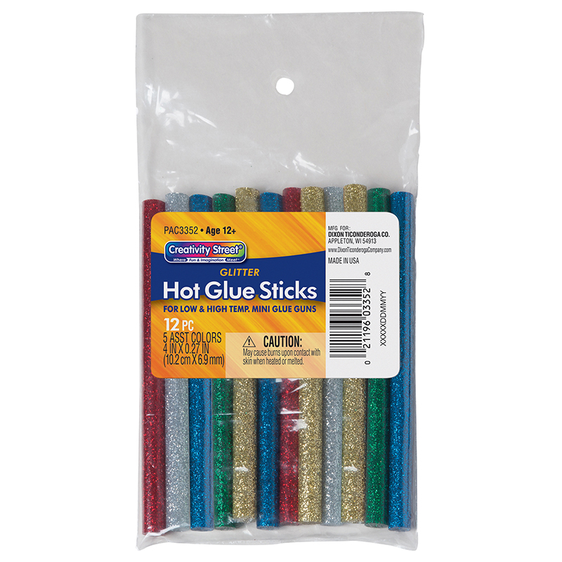 Hot Glue Sticks, 6 Assorted Glitter Colors, 4" x 0.31", 12 Pieces