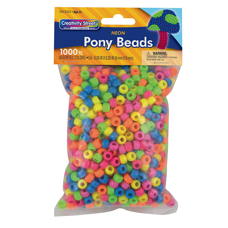 Pony Beads, Assorted Neon, 6 mm x 9 mm, 1000 Pieces