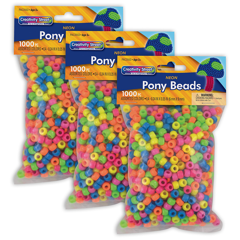 Pony Beads, Assorted Neon, 6 mm x 9 mm, 1000 Per Pack, 3 Packs