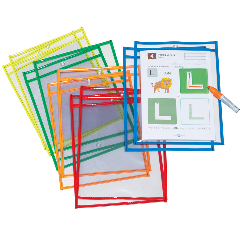 Dry Erase Pockets, 5 Assorted Bright Colors, 10" x 13-1/2", 10 Pockets