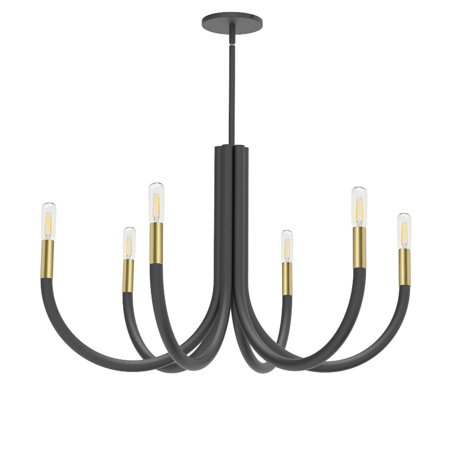 6 Light Incandescent Chandelier, Matte Black and Aged Brass