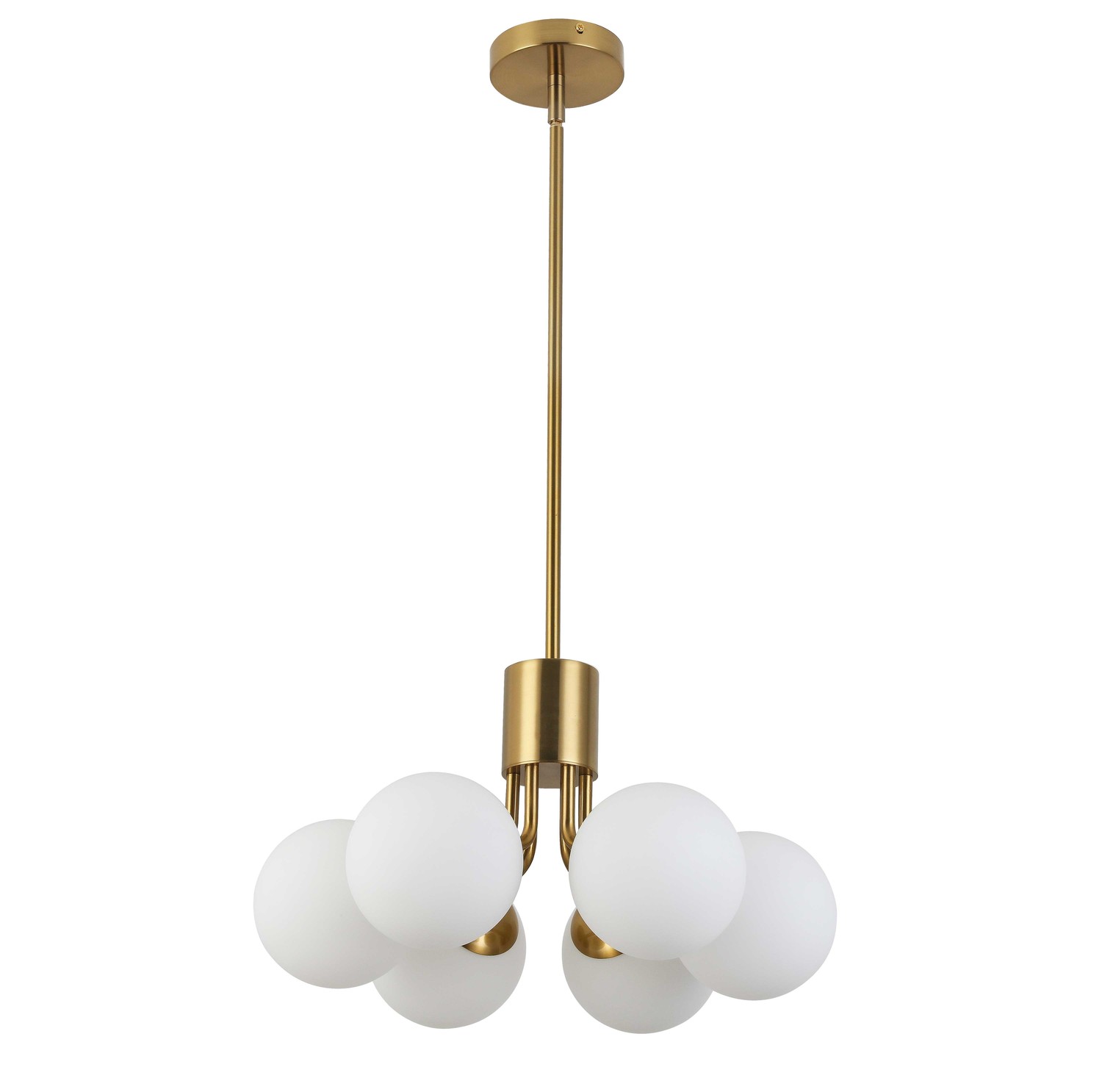 6 Light Halogen Pendant Aged Brass with White Opal Glass