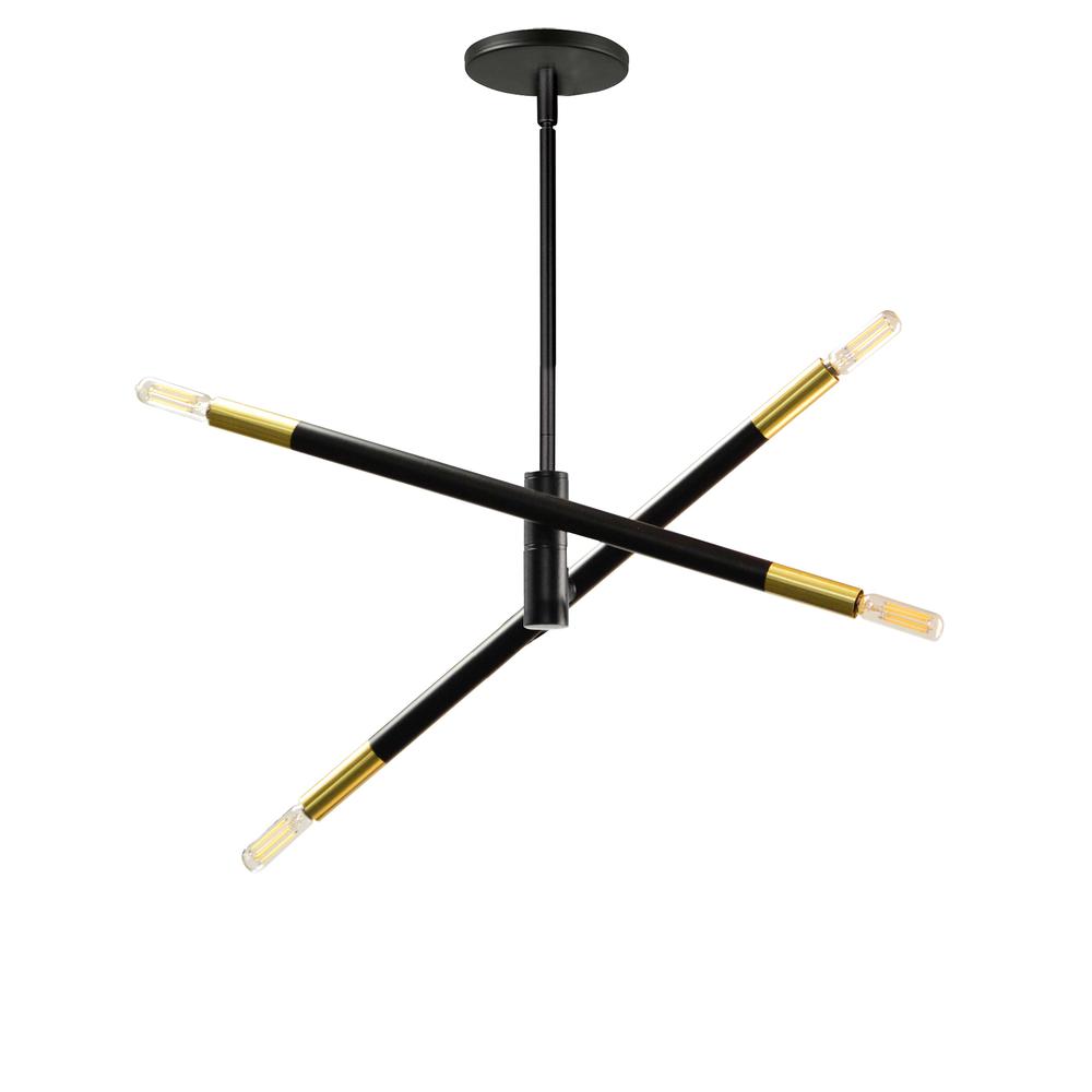 4 Light Incandescent Pendant, Matte Black & Aged Brass