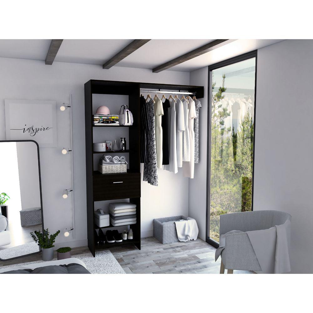DEPOT E-SHOP Dynamic Closet System, Five Open Shelves, One Drawer, One Metal Rod-Black, For Bedroom