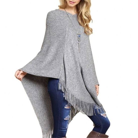 Tasseled Poncho - One Size Gray