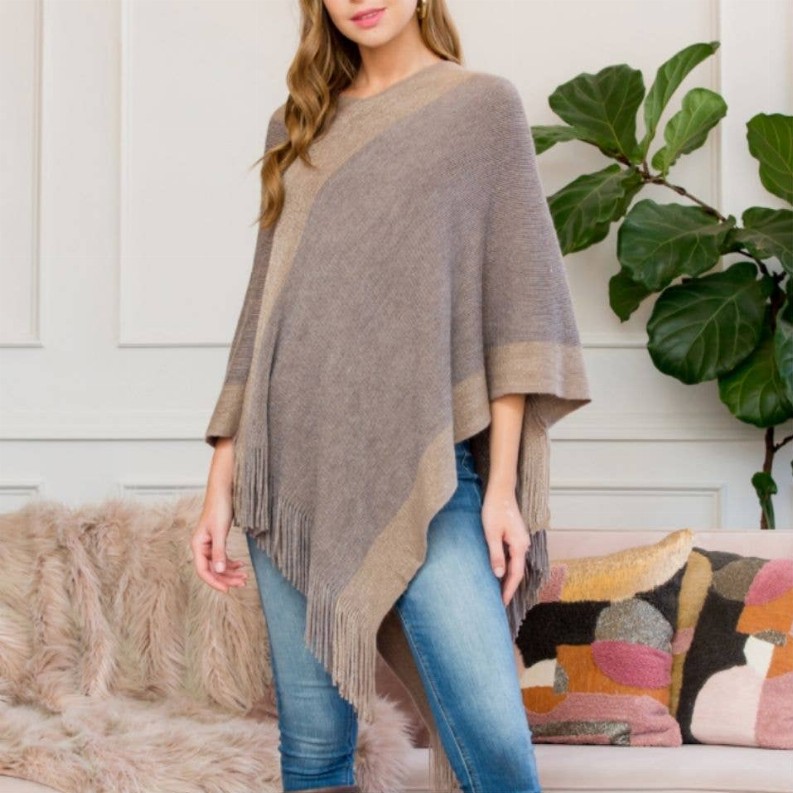 Two Tone Fringe Poncho - One Size Khaki