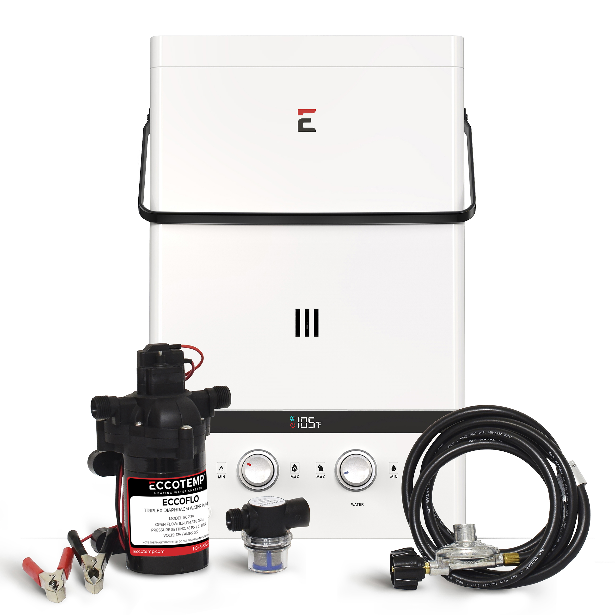 Eccotemp Luxe 3.0 GPM Portable Outdoor Tankless Water Heater with EccoFlo Diaphragm 12V Pump and Strainer