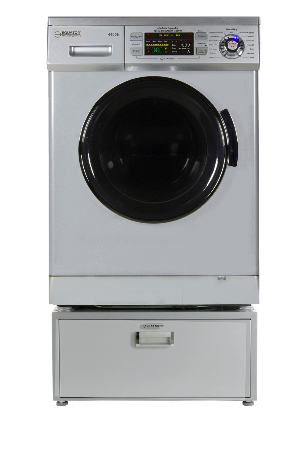Equator EZ 4400 N Silver All-in-one New Compact Combo Washer Dryer with Pedestal Storage Drawer