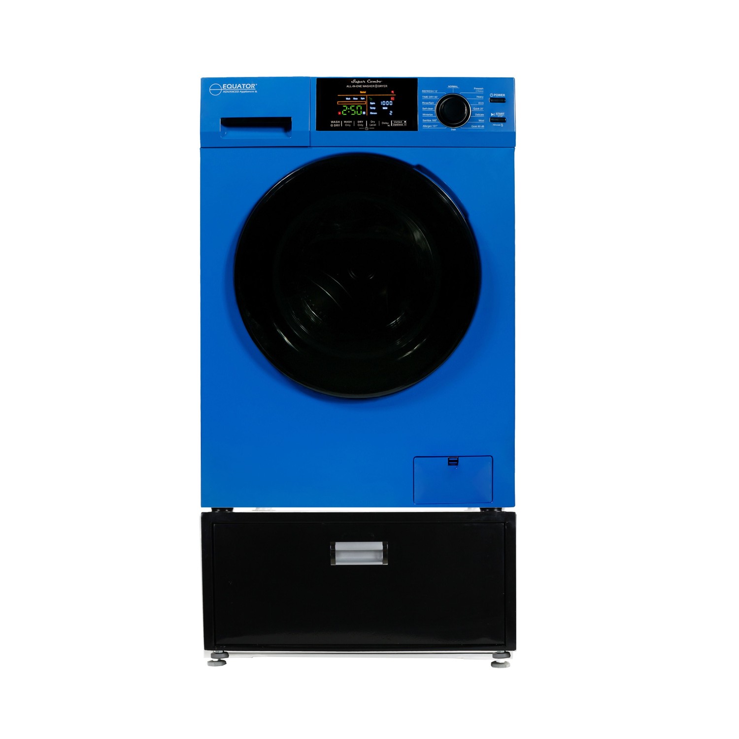 Equator 18 lbs Compact Washer Dryer - Sanitize, Allergen, Winterize,Vented/Ventless Dry + Laundry Pedestal with Drawer