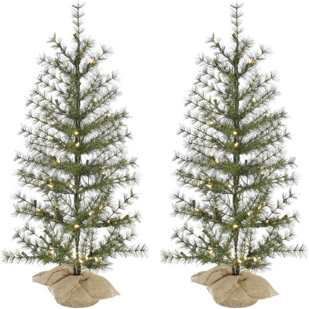 FHF 3' Farmhouse Fir with Burlap Bag, Warm White LED Lights, SET of 2