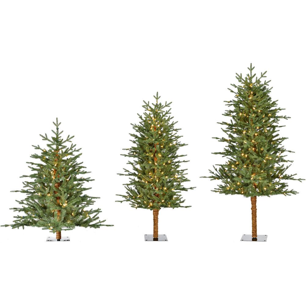 FHF 3', 4', 5' Green Alpine Porch Tree, Warm White LED Lights, Set of 3