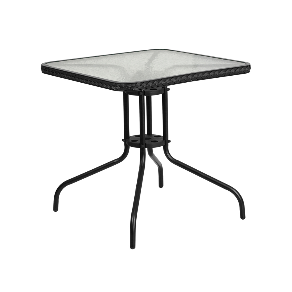 28'' Square Tempered Glass Metal Table with Black Rattan Edging