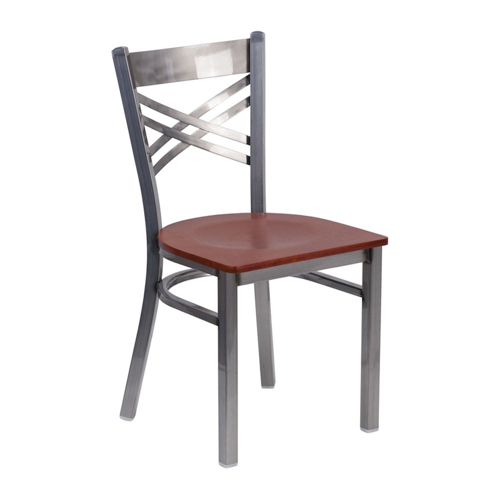 HERCULES Series Clear Coated ''X'' Back Metal Restaurant Chair - Cherry Wood Seat